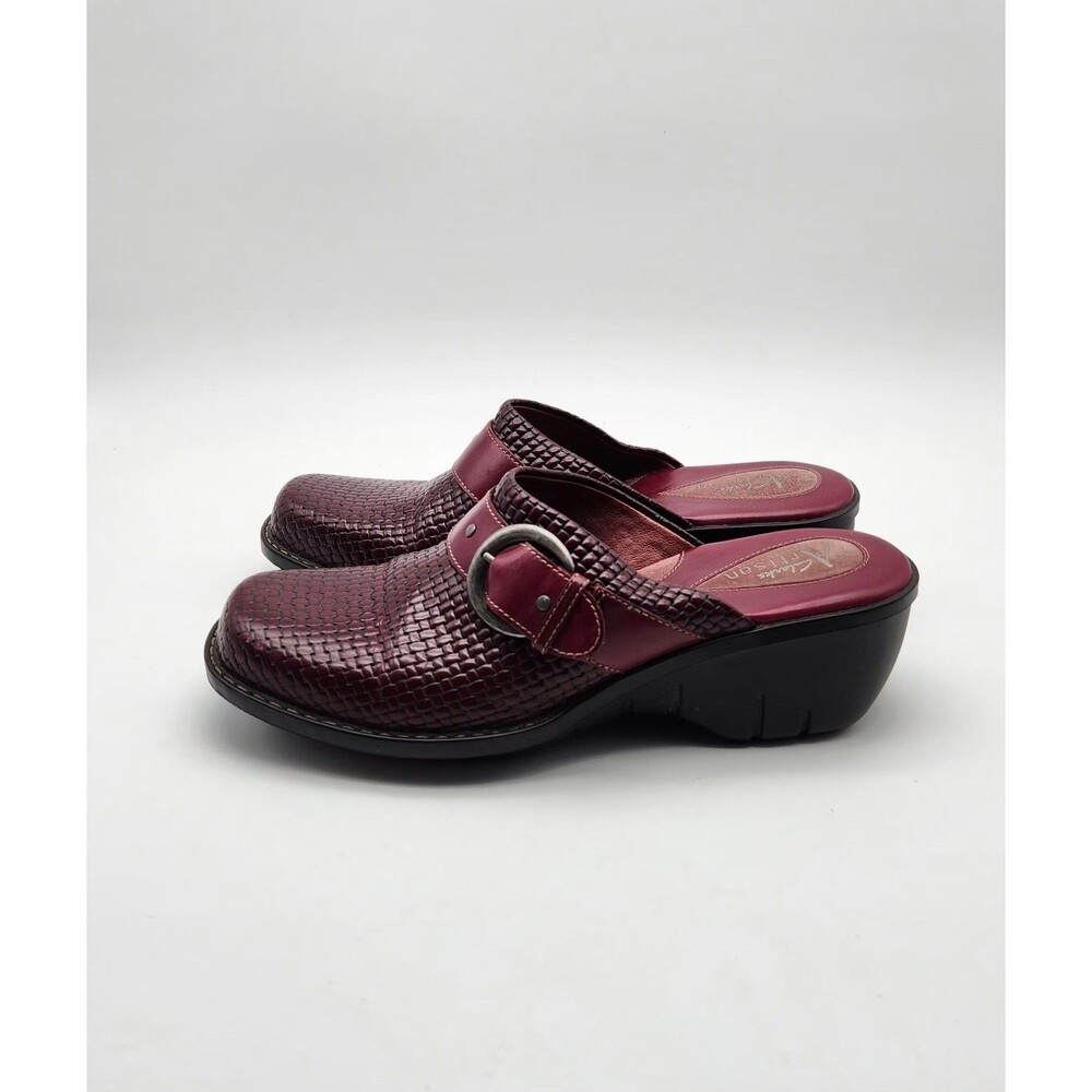 Clarks Artisan 7.5M Mules Clogs Shoes Cordovan Woven Leather Buckle Slides Heel - Picture 6 of 10